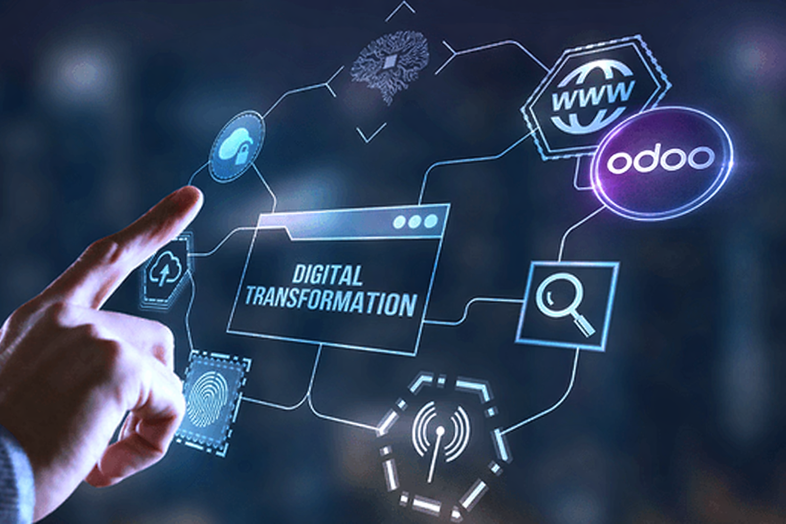 Digital transformation concept with AI, cloud computing, and connected technology icons.