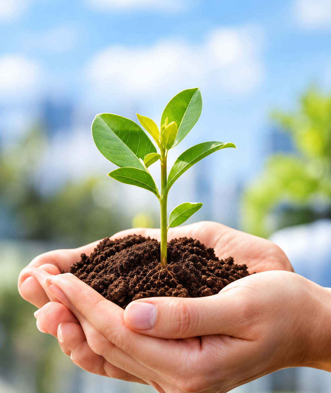 Hands holding a young plant